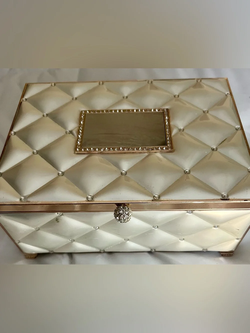 Elegant Ivory Quilted Jewelry Box with Crystal Accent.Option to Engrave